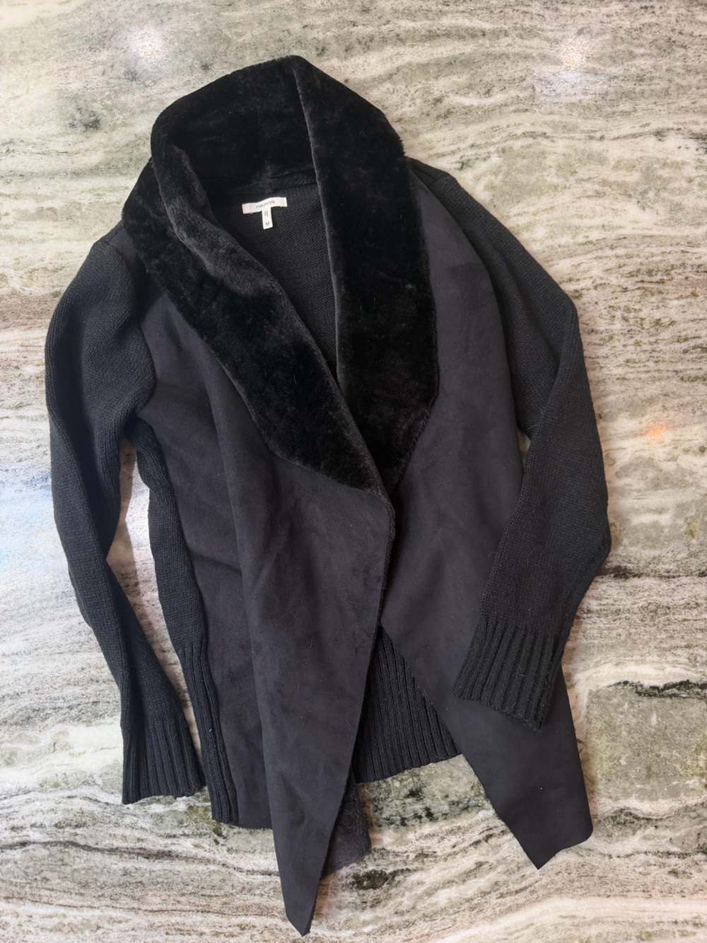 Maurices Black Faux-Suede & Knit Open Cardigan with Faux-Fur Shawl Collar